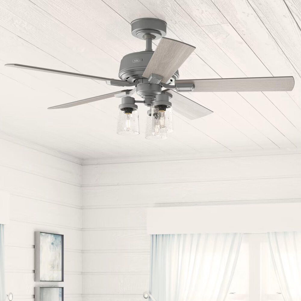 Hunter Hartland 52&quot; Clear Seeded Ceiling Fan with LED Lights in Matte Silver, , large