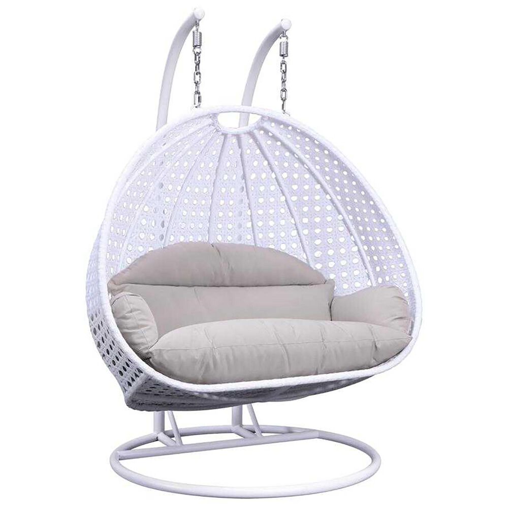 Leisuremod 57" Patio 2-Seat Hanging Egg Swing Chair with Taupe Cushion in White, , large