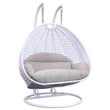 Leisuremod 57" Patio 2-Seat Hanging Egg Swing Chair with Taupe Cushion in White, , large
