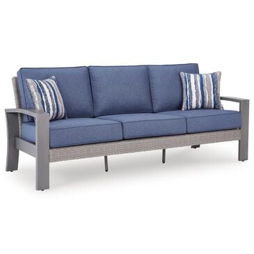 Ashley Half Moon Beach Stationary Sofa with Blue Cushions in Gray, , large