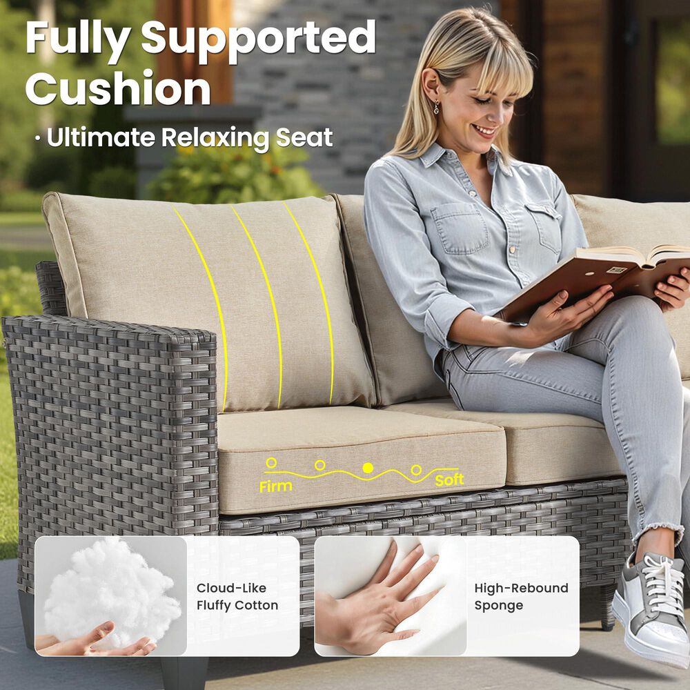 HOMLUX 5-Piece Outdoor Wicker Patio Furniture Set, High Back Rattan Sofa with Chairs, Ottomans &amp; Cushions in Beige, , large