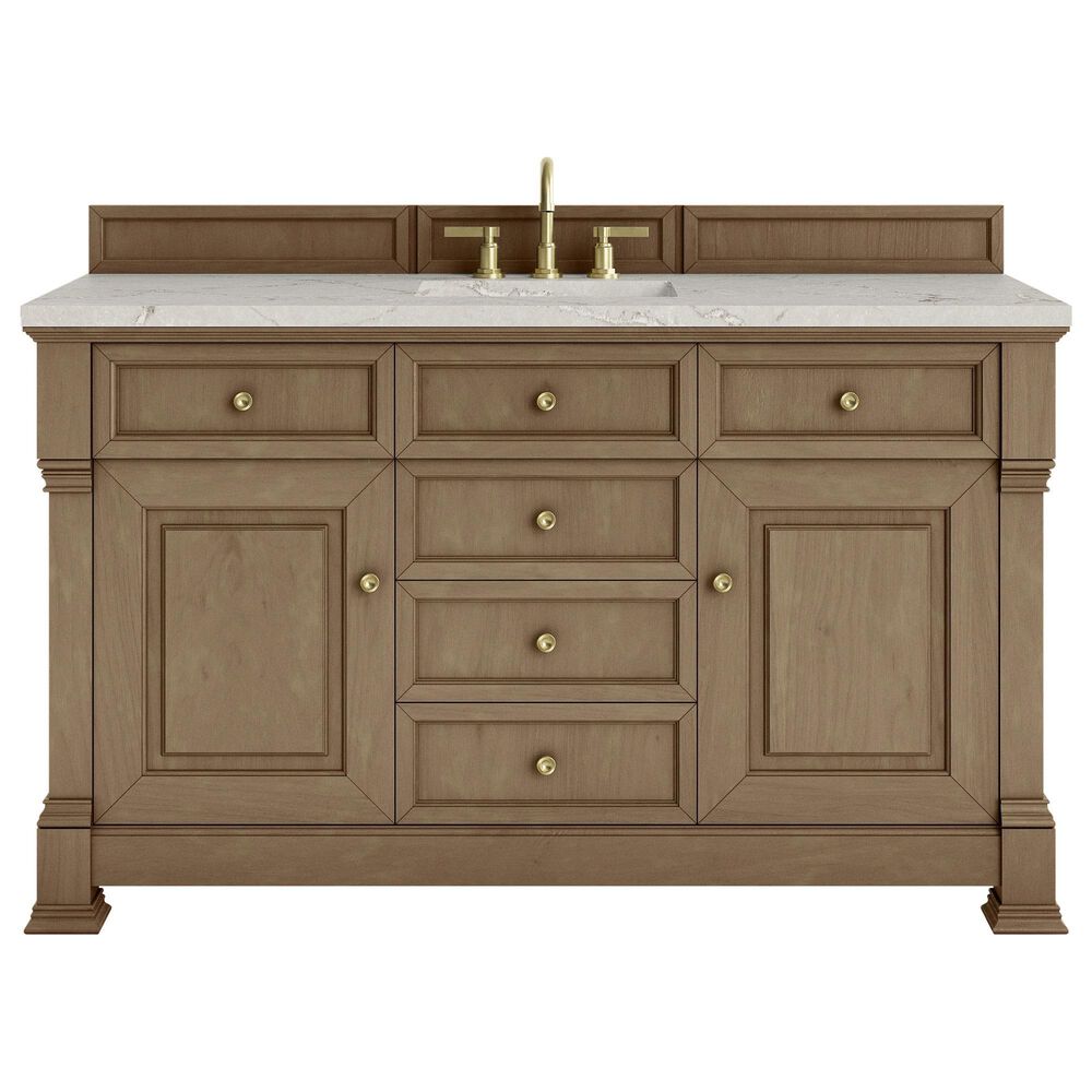 James Martin Vanities Brookfield 60&quot; Single Bathroom Vanity in Pecan with 3 cm Victorian Silver Quartz Top and Rectangular Sink, , large