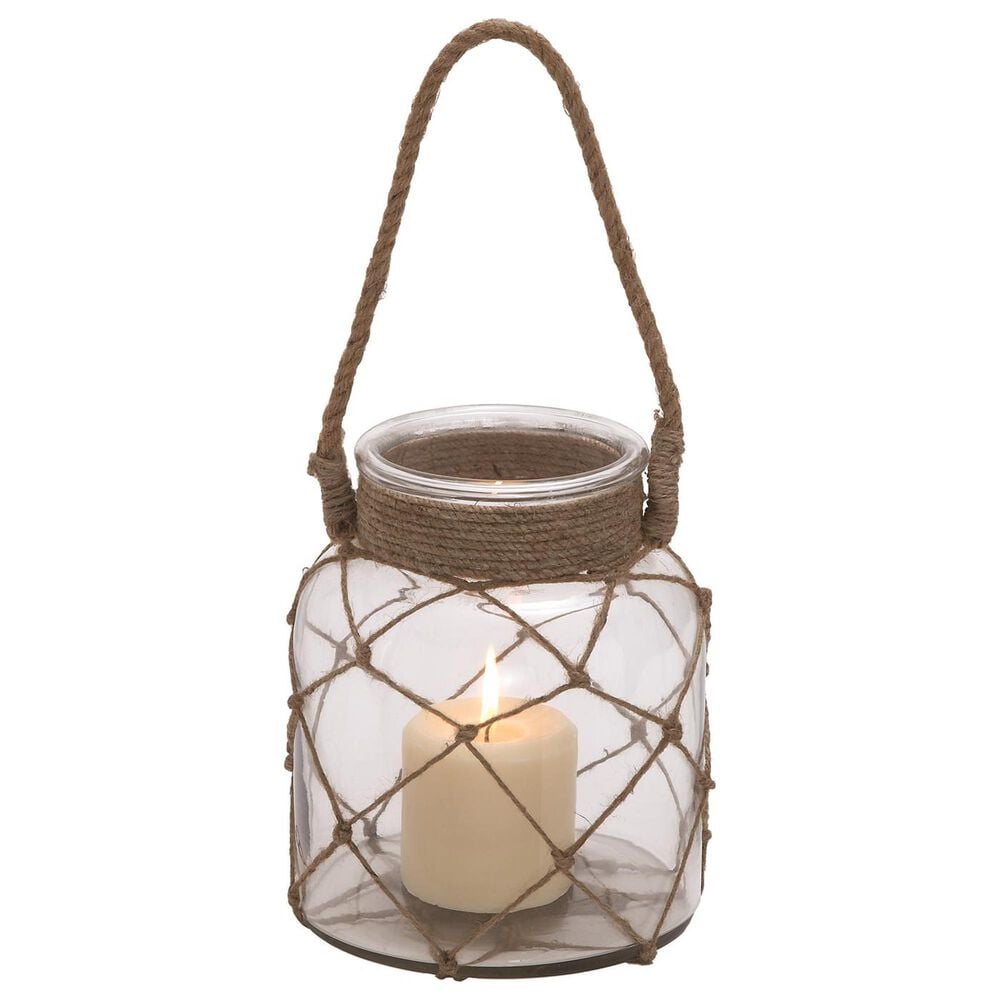 Maple and Jade Handmade Indoor/Outdoor Candle Lantern with Hanging Rope in Brown and Clear, , large