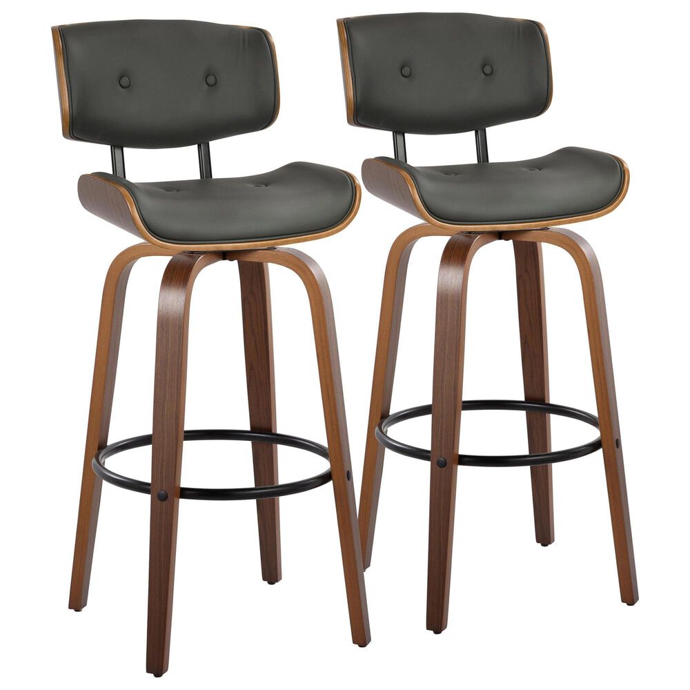 LumiSource Lombardi 30" Swivel Barstool with Grey Faux Leather Upholstery in Walnut and Black (Set of 2), , large