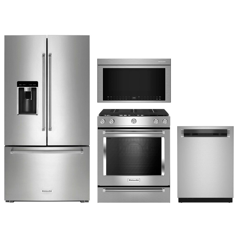 KitchenAid 4pc Kitchen Package with Refrigerator, Range, Microwave, and Dishwasher in Stainless Steel, , large