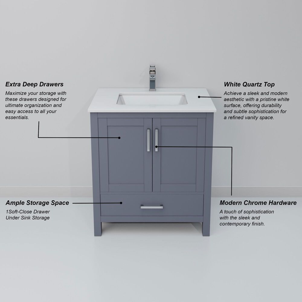 Lexora Home Jacques 30" Single Bathroom Vanity in Dark Grey with 2 cm White Quartz Top and Rectangular Sink, , large