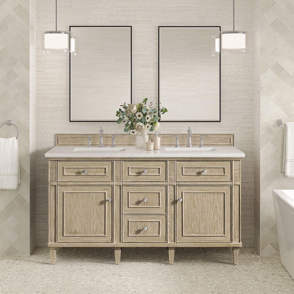 James Martin Vanities Lorelai 60&quot; Double Vanity in Whitewashed Oak with 3 cm Lime Delight Quartz Top, , large