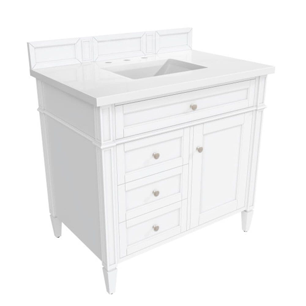 James Martin Brittany 36&quot; Single Bathroom Vanity in Bright White with 3 cm White Zeus Quartz Top and Rectangular Sink, , large