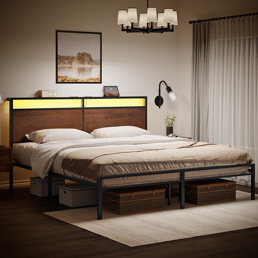 HOMLUX Industrial King Platform Bed with LED Headboard and Charging Station in Rustic Brown, , large