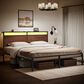 HOMLUX Industrial King Platform Bed with LED Headboard and Charging Station in Rustic Brown, , large