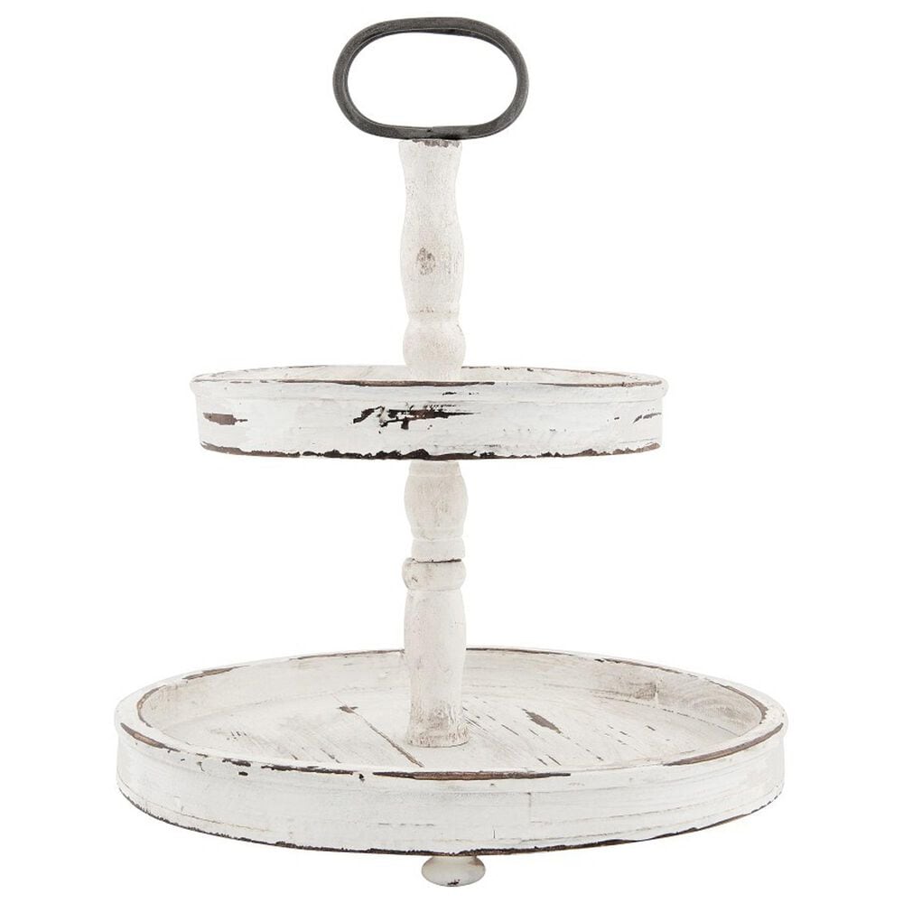 Creative Coop 2-Tier Tray with Metal Handle in Distressed Cream, , large