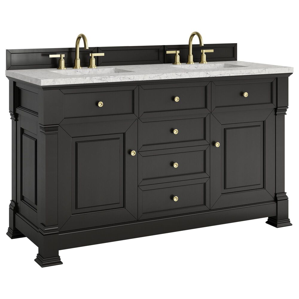 James Martin Vanities Brookfield 60" Double Bathroom Vanity in Black Onyx with 3 cm Eternal Jasmine Pearl Quartz Top and Rectangular Sinks, , large