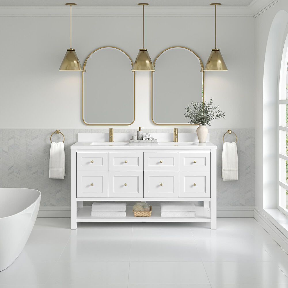 James Martin Vanities Breckenridge 60&quot; Double Bathroom Vanity in Bright White with Single Hole 3 cm White Zeus Quartz Top and Rectangular Sinks, , large
