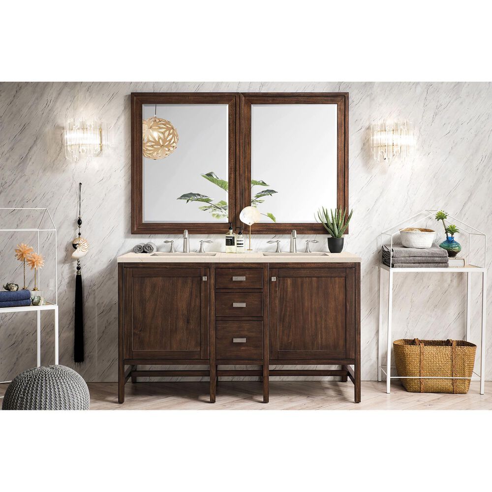 James Martin Vanities Addison 60&quot; Double Bathroom Vanity in Mid Century Acacia with 3 cm Eternal Marfil Quartz Top and Rectangular Sinks, , large