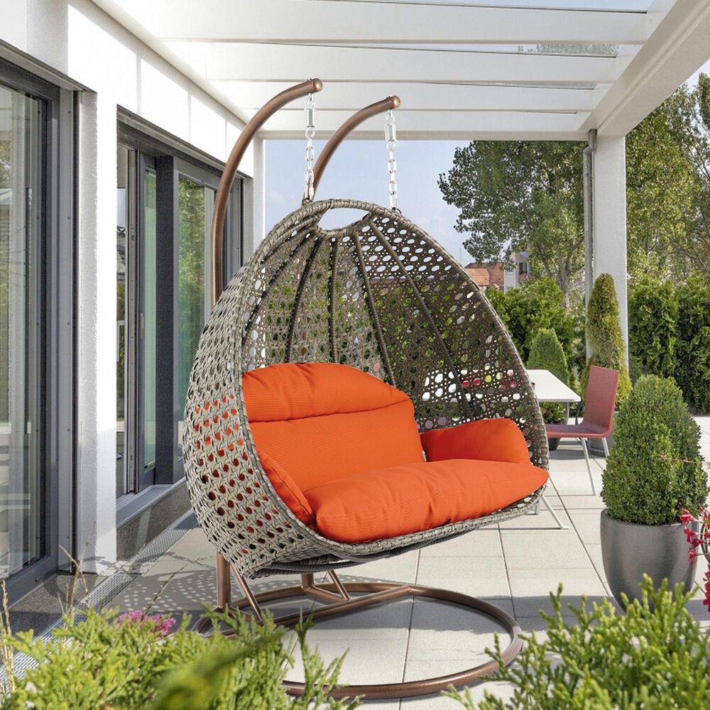 Leisuremod 57&quot; Patio 2-Seat Hanging Egg Swing Chair with Orange Cushion in Beige, , large