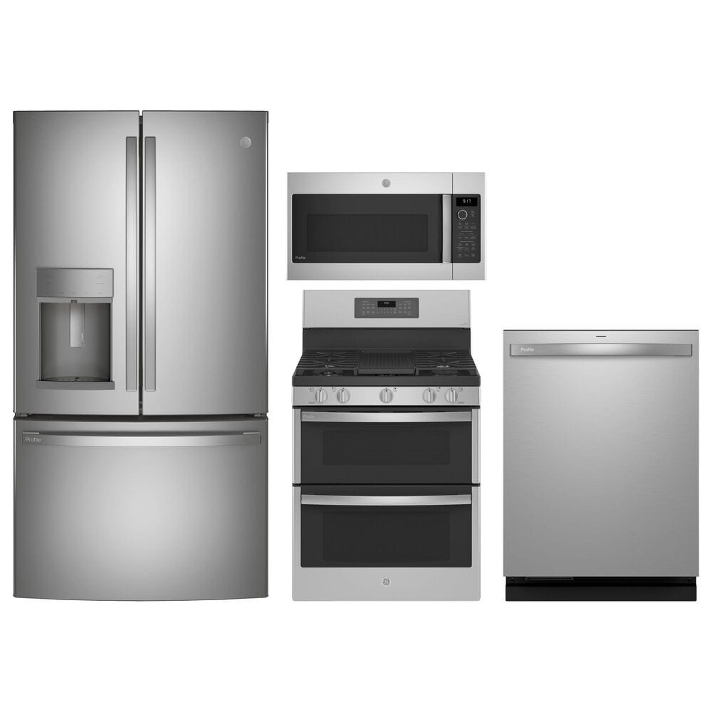 GE Profile 4pc Kitchen Package with Refrigerator, Range, Microwave, and Dishwasher in Stainless Steel, , large