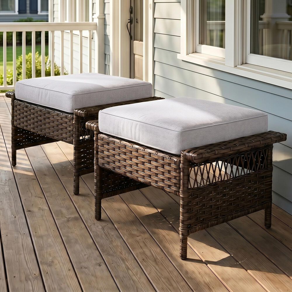 Sunwell Garden Outdoor Ottoman with Beige Cushion in Brown (Set of 2), , large
