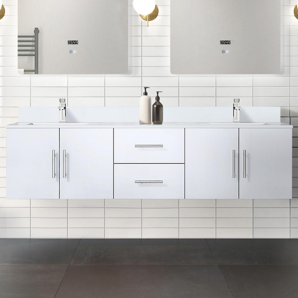 Lexora Home Geneva 72&quot; Double Bathroom Vanity in Glossy White with 2 cm White Cultured Marble Top and Rectangular Sinks, , large