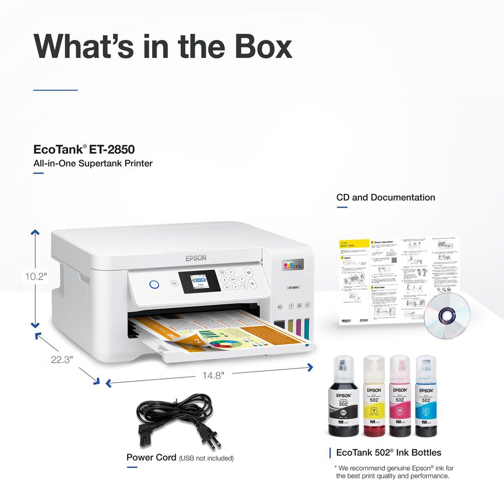 Epson EcoTank ET-2850 Wireless Color All-in-One Cartridge-Free Supertank Printer with Scan, Copy and Auto 2-sided Printing, , large