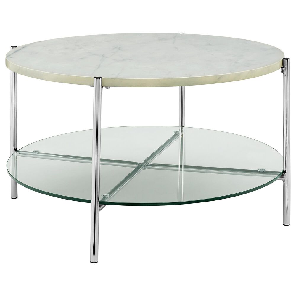Walker Edison Simone Round Coffee Table in Faux White Marble and Chrome, , large
