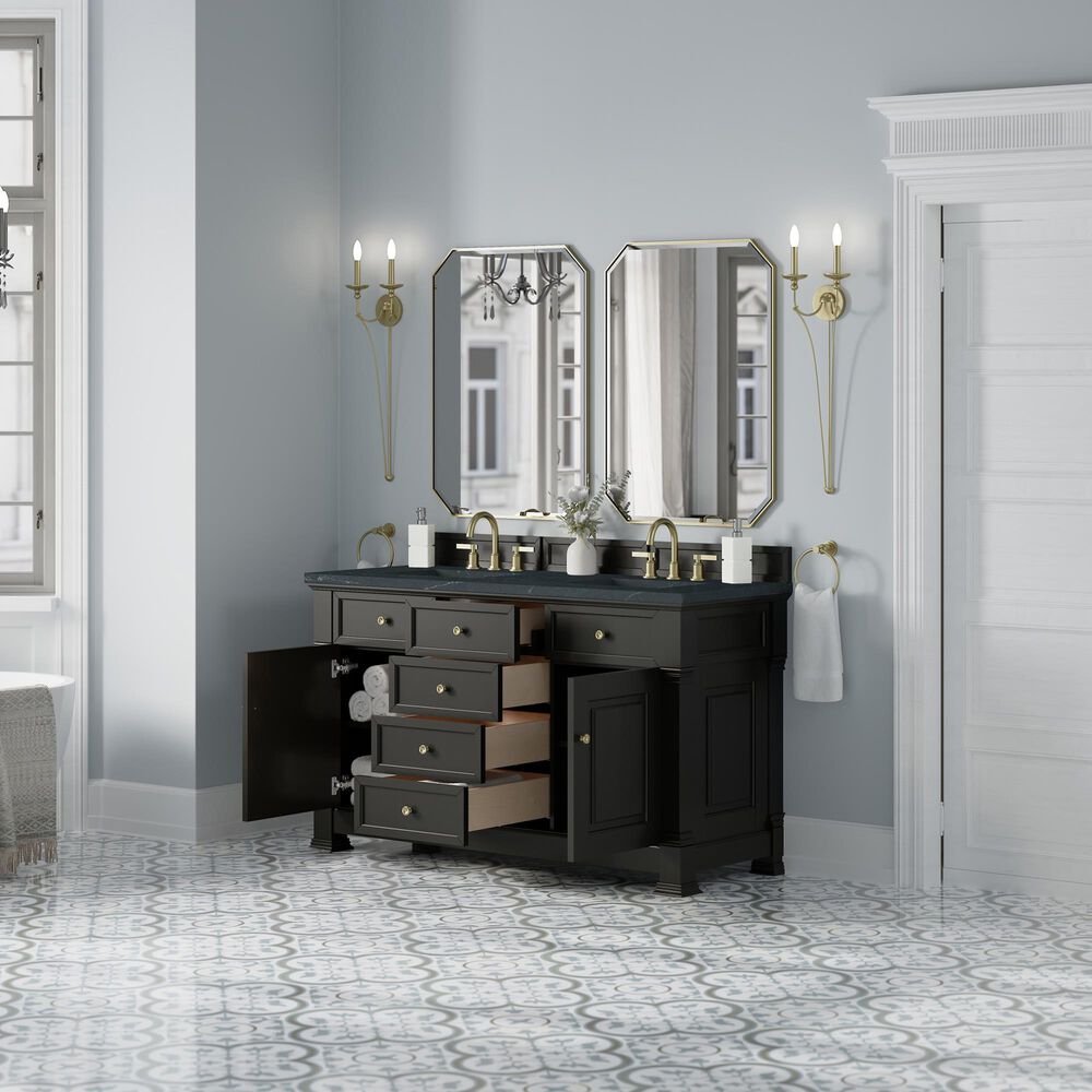 James Martin Vanities Brookfield 60&quot; Double Bathroom Vanity in Black Onyx with 3 cm Charcoal Soapstone Quartz Top and Rectangular Sinks, , large