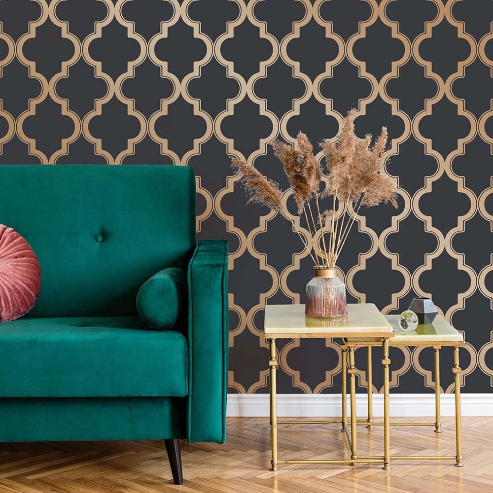 Tempaper Marrakesh Midnight & Metallic Gold Peel and Stick Wallpaper, , large