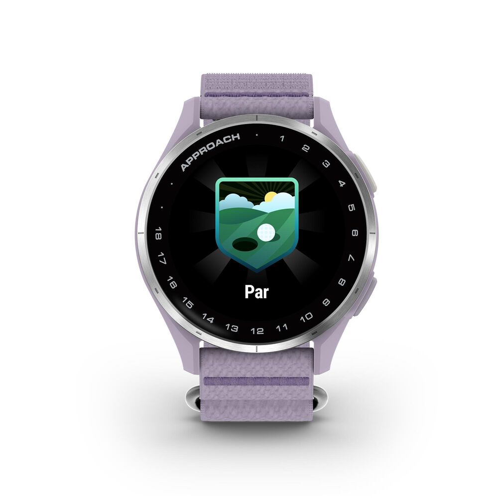 Garmin Approach J1 43mm Junior Golf GPS Smartwatch in Silver Aluminum Bezel with Lilac ComfortFit Fabric Band, , large