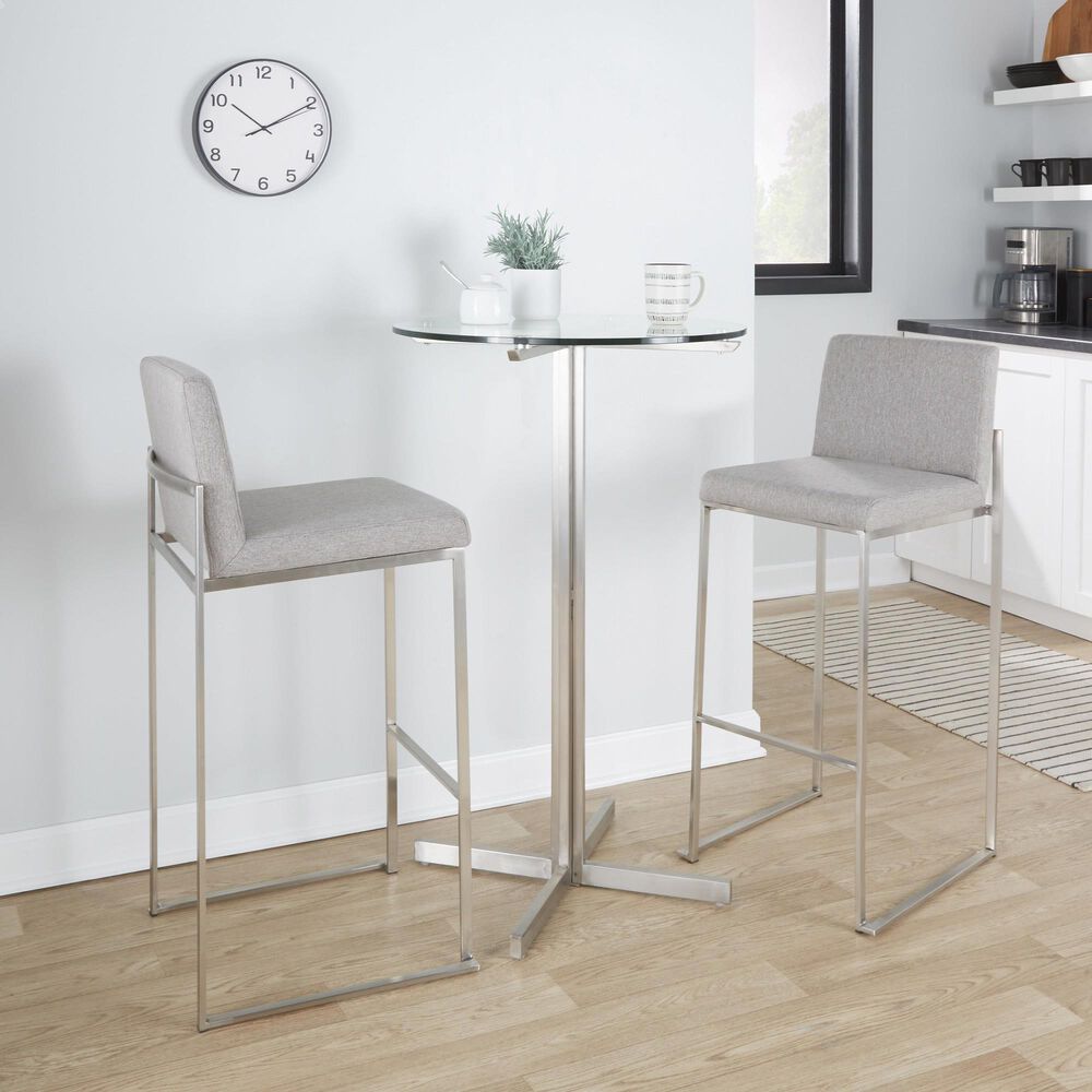 Lumisource Fuji High Back Barstool with Grey Fabric in Stainless Steel &#40;Set of 2&#41;, , large