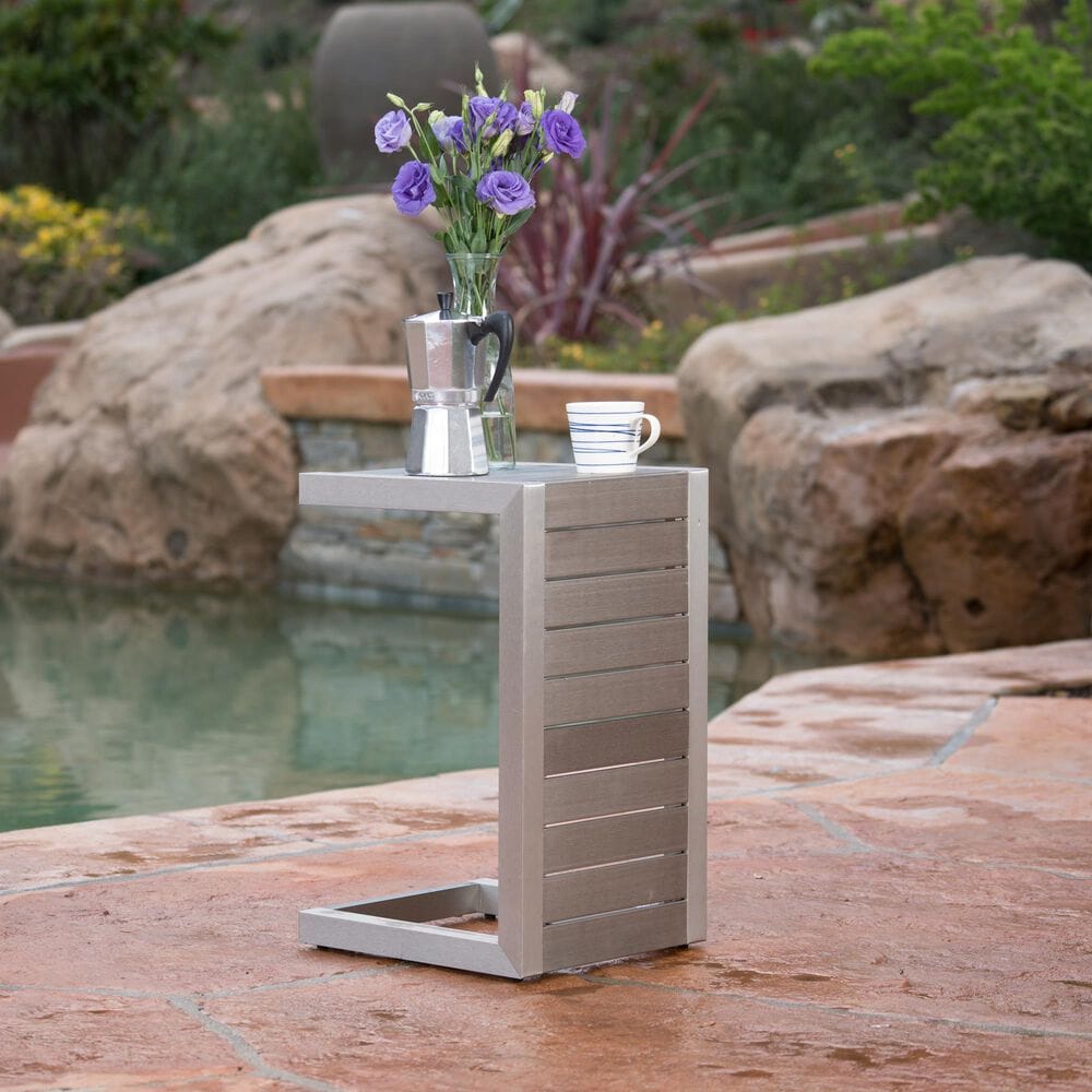Hearth and Haven Cape Coral C-Shaped Patio Side Table in Silver, , large