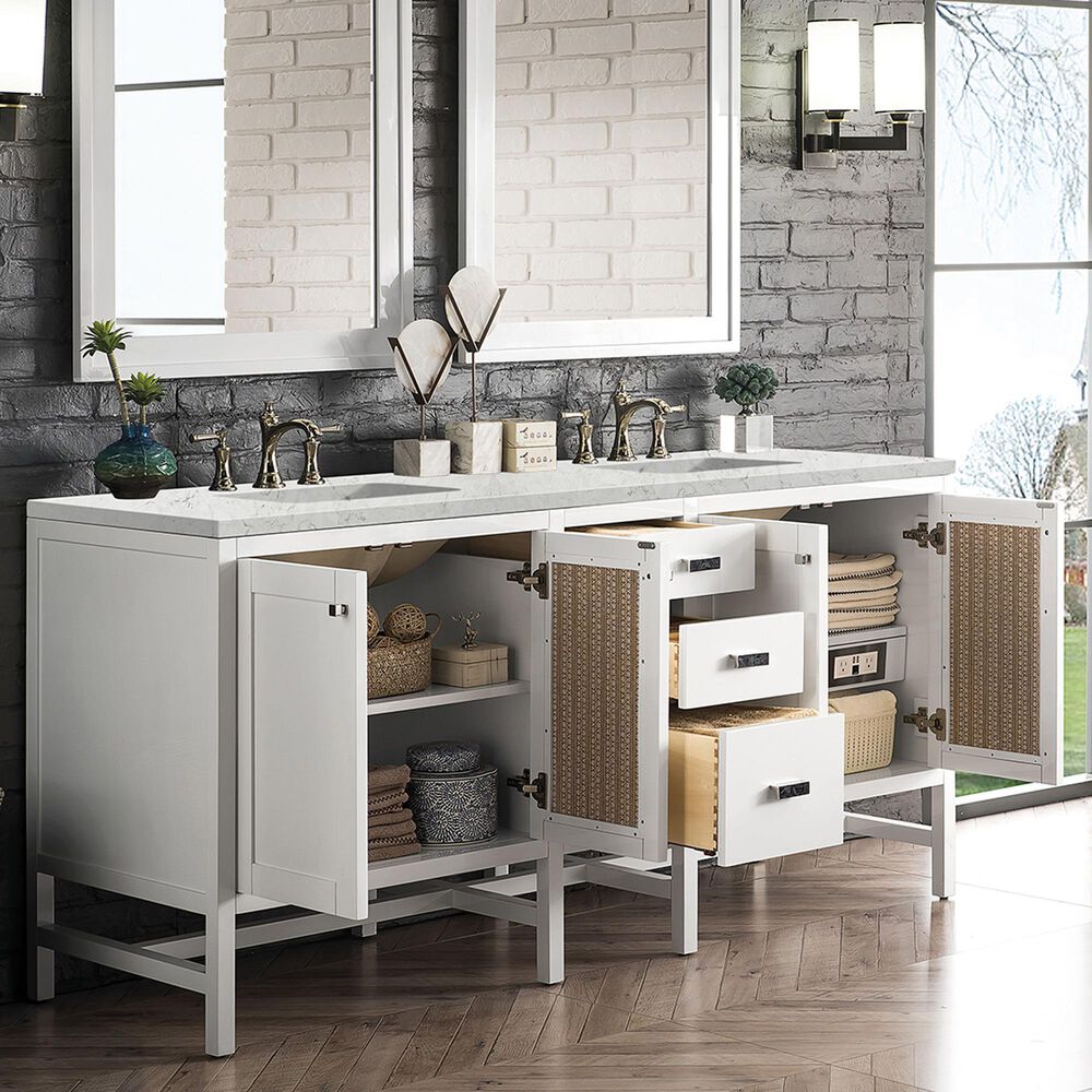James Martin Vanities Addison 72&quot; Double Bathroom Vanity in Glossy White with 3 cm Eternal Jasmine Pearl Quartz Top and Rectangular Sinks, , large