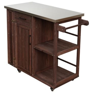 Hearth and Haven Outdoor Kitchen Island Cart with Stainless Steel Top, Towel and Spice Racks in Dark Brown, , large
