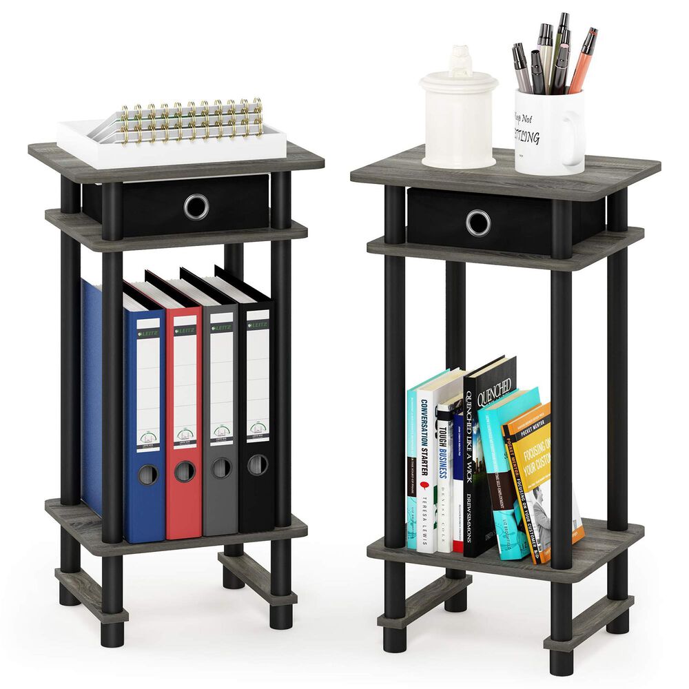HOMLUX Tall End Table with Bin in French Oak Grey and Black (Set of 2), , large