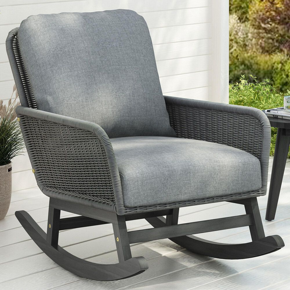 Hearth and Haven Minimalist Patio Rocking Chair with Cushions and Wood Frame in Gray, , large