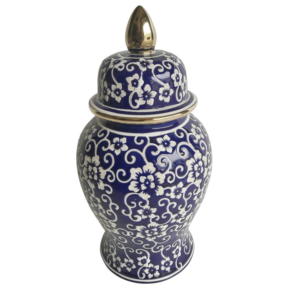 Sagebrook Home 14" Temple Jar with Jasmine Flower in Blue and White, , large