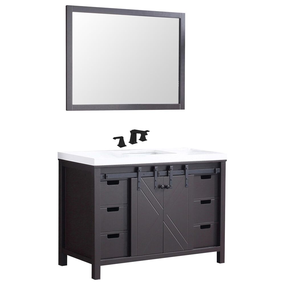 Lexora Home Marsyas 48" Single Bathroom Vanity in Brown with White Quartz Top, Rectangle Sink, Matte Black Faucet and Mirror, , large