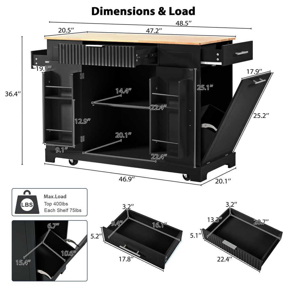 HOMLUX 47" Fluted Kitchen Island with Trash Can Storage Cabinet in Black and Natural, , large