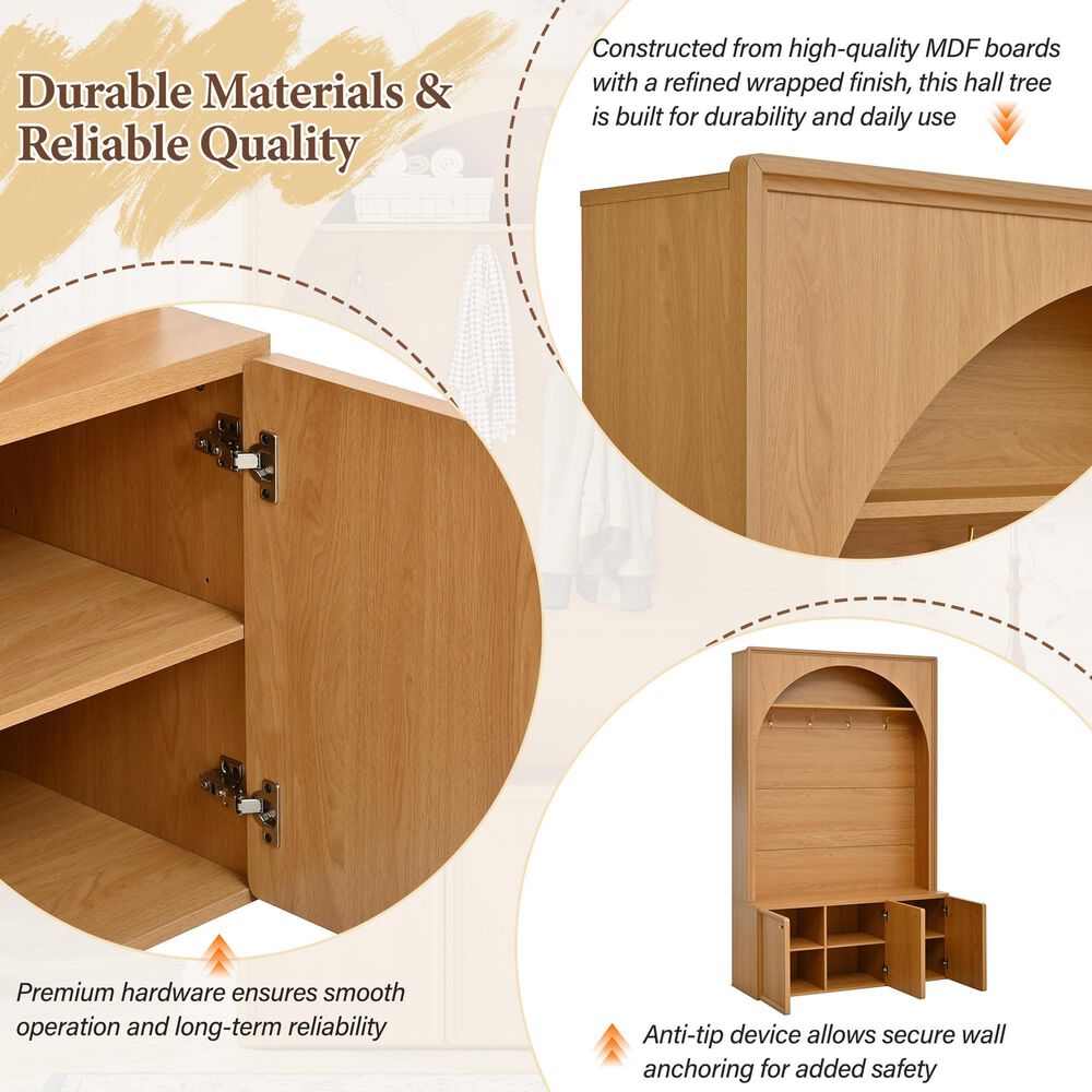 HOMLUX 4-Hook Hall Tree with Entryway Storage Bench in Natural, , large