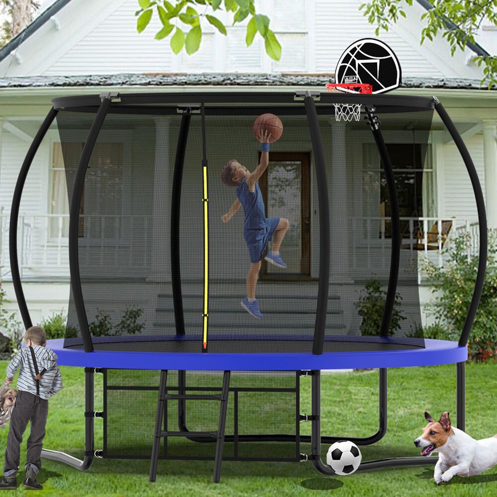 HOMLUX 10' Outdoor Trampoline with Basketball Hoop in Blue, , large