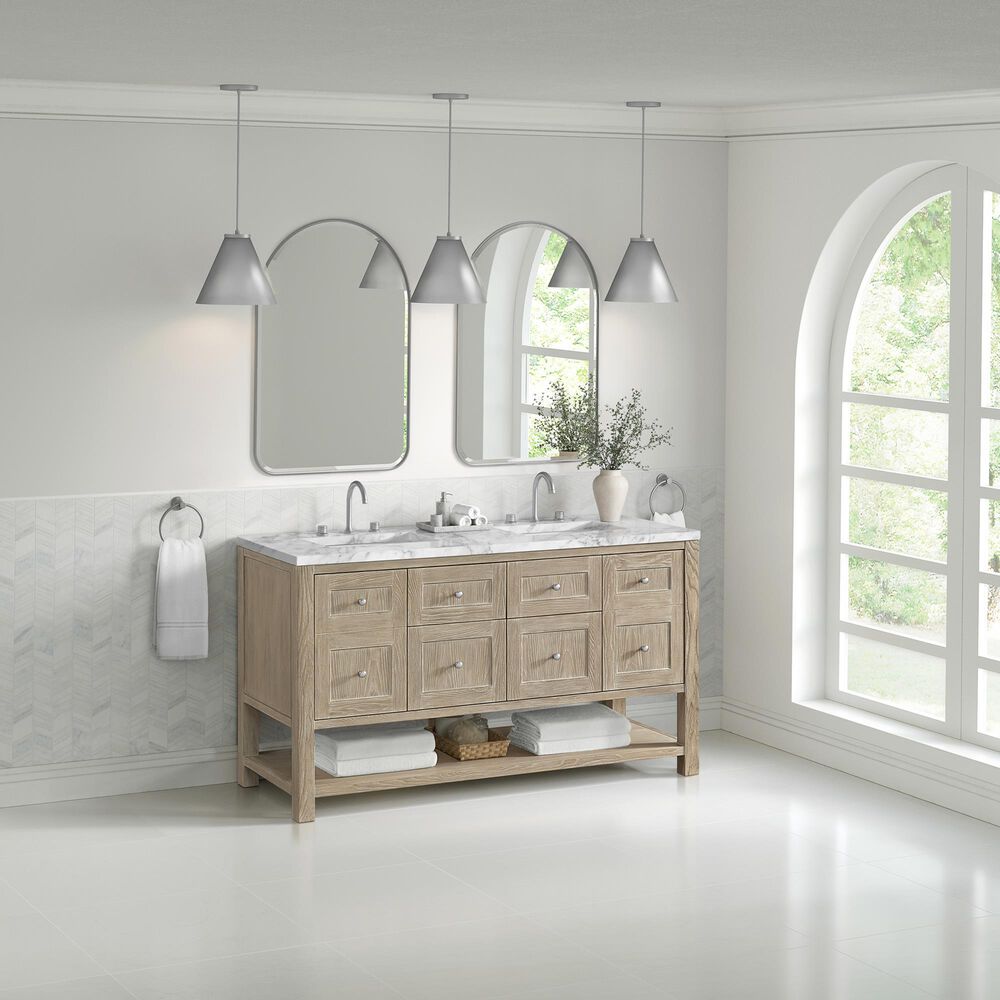 James Martin Vanities Breckenridge 60&quot; Double Bathroom Vanity in Whitewashed Oak with 3 cm Carrara White Marble Top and Rectangular Sinks, , large