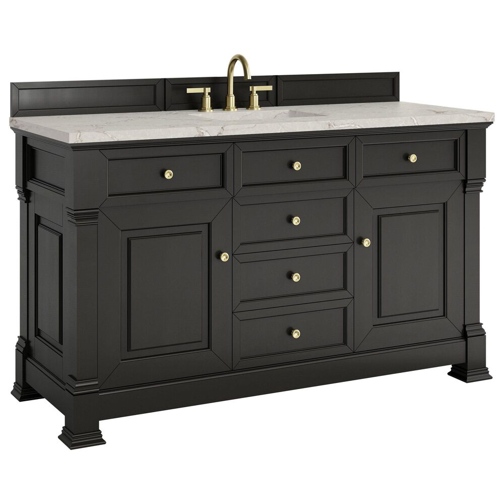 James Martin Vanities Brookfield 60" Single Bathroom Vanity in Black Onyx with 3 cm Victorian Silver Quartz Top and Rectangular Sink, , large
