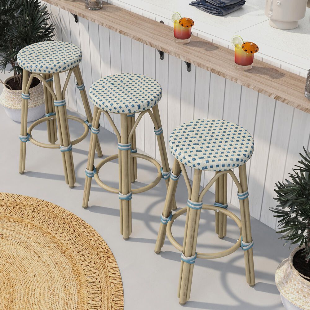 Furniture of America Eldridge 26&quot; Patio Bar Stool in Natural and Blue &#40;Set of 2&#41;, , large