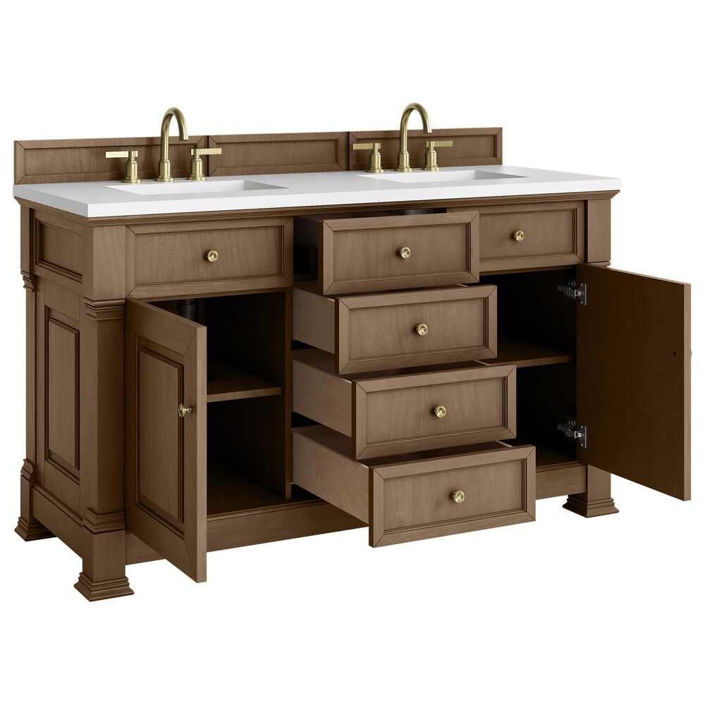 James Martin Vanities Brookfield 60&quot; Double Bathroom Vanity in Pecan with 3 cm White Zeus Quartz Top and Rectangular Sinks, , large