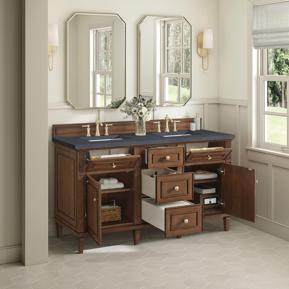 James Martin Vanities Lorelai 60&quot; Double Vanity in Mid-Century Walnut with 3 cm Charcoal Soapstone Quartz Top, , large
