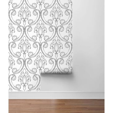 NextWall Sketched Damask 216" x 20.5" Peel and Stick Wallpaper in Ebony, , large
