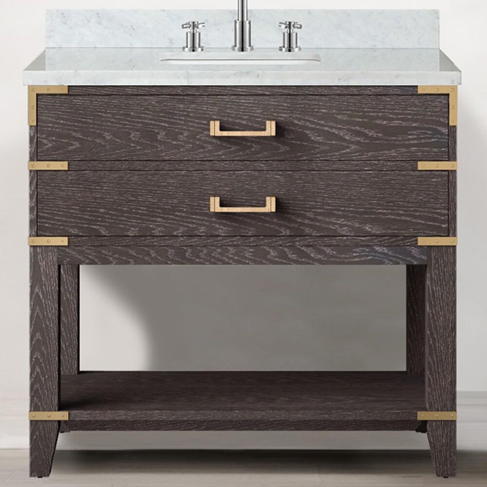 Lexora Home Norwalk 36&quot; Single Bathroom Vanity in Brown Oak with White Carrara Marble Top  and Rectangle Sink, , large