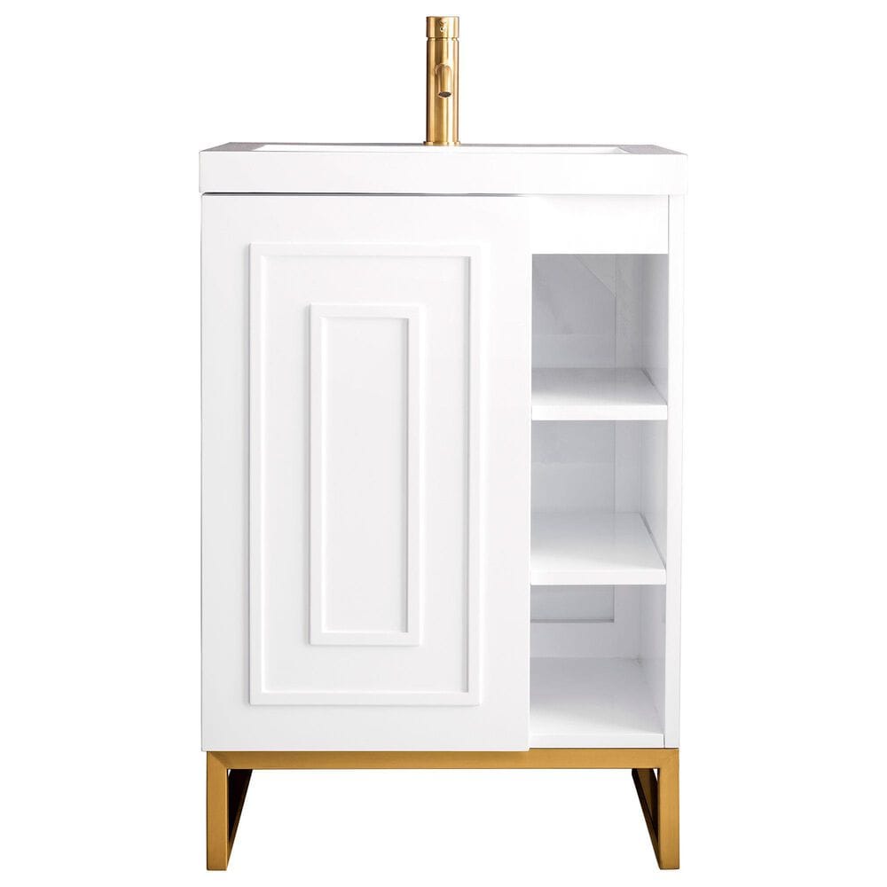 James Martin Vanities Alicante 24" Single Bathroom Vanity in Glossy White and Radiant Gold with 5 cm White Glossy Resin Top and Rectangular Sink, , large