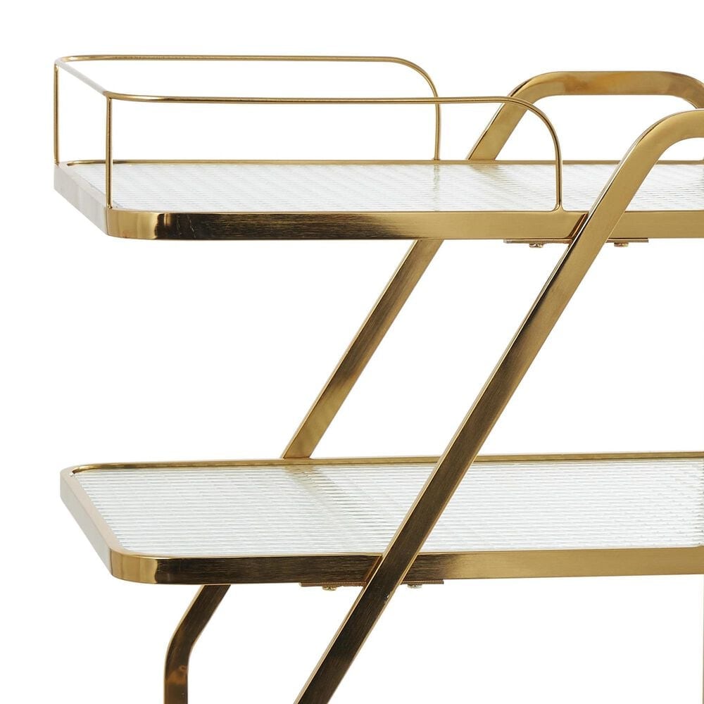 Maple and Jade 3-Shelf Bar Cart with Side Guards and Handle in Polished Gold and Transparent, , large
