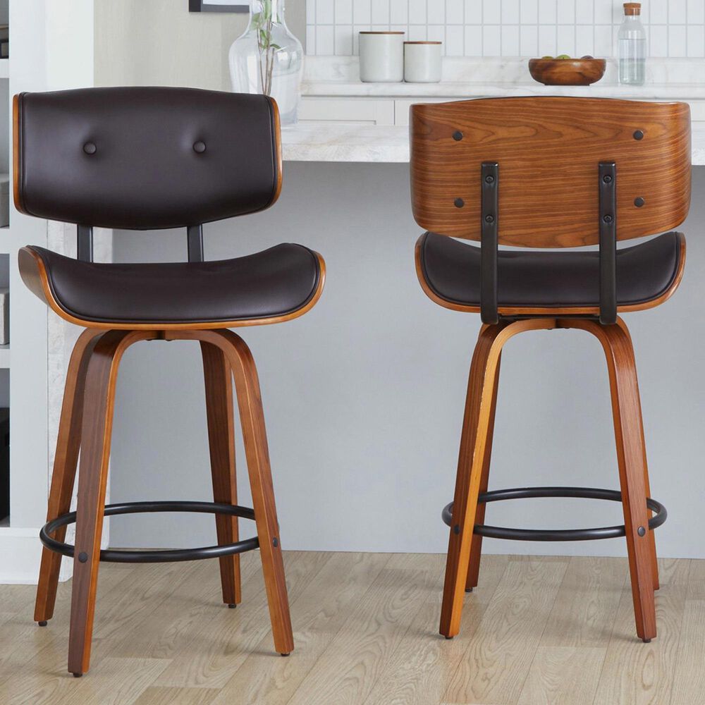 LumiSource Lombardi 26" Swivel Counter Stool with Espresso Faux Leather Upholstery in Walnut and Black (Set of 2), , large