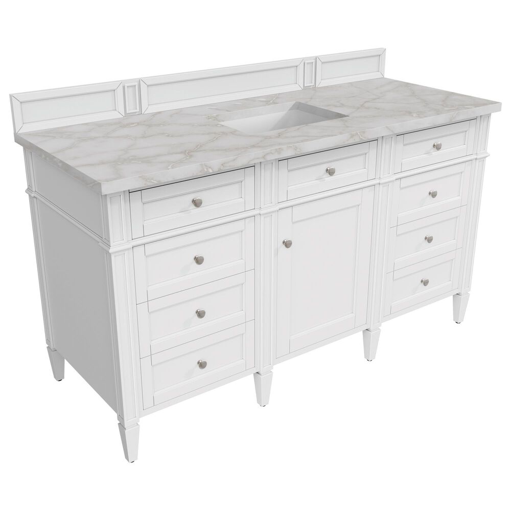 James Martin Vanities Brittany 60" Single Bathroom Vanity in Bright White with 3 cm Eternal Jasmine Pearl Silestone Top, Rectangular Sink and FreePower Wireless Charger, , large