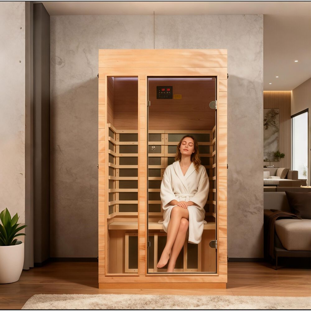 EZlife 1 Person (Compact) Low EMF FAR Infrared Sauna in Okoume + Hemlock, , large